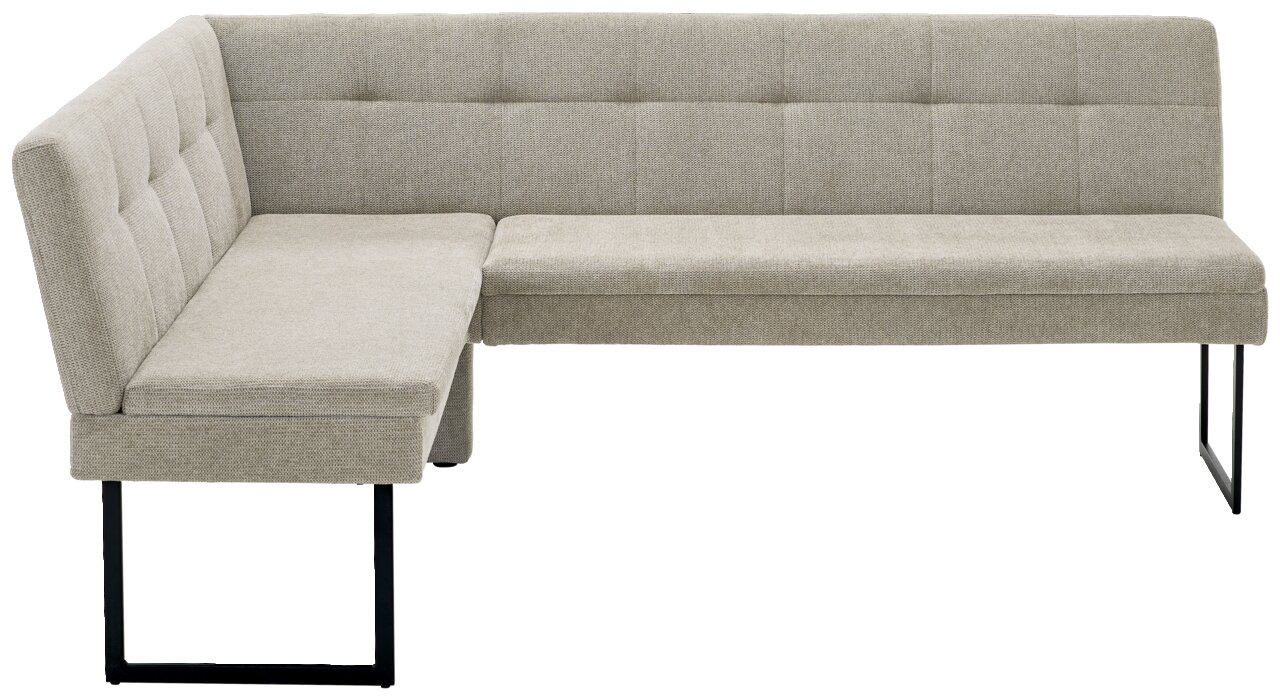 Eckbank in hellgrauem Stoff mit schwarzem Metallgestell, seitliche Perspektive