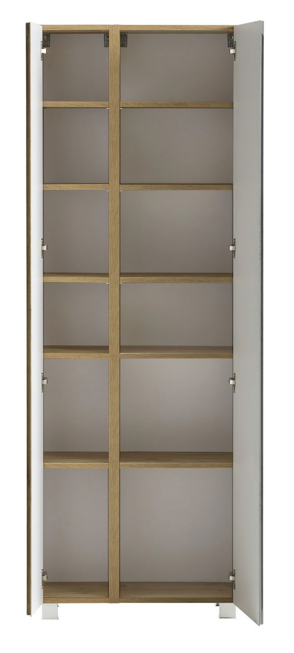 Offener Hochschrank mit mehreren Regalböden, aus Holz und Metall, Frontalansicht