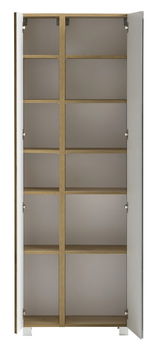 Offener Hochschrank mit mehreren Regalböden, aus Holz und Metall, Frontalansicht