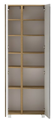 Offener Hochschrank mit mehreren Regalböden, aus Holz und Metall, Frontalansicht