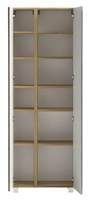 Offener Hochschrank mit mehreren Regalböden, aus Holz und Metall, Frontalansicht