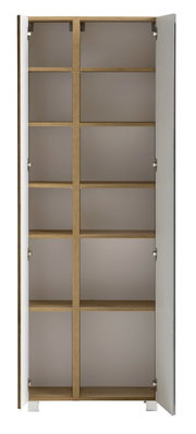Open hoge kast met meerdere planken, van hout en metaal, vooraanzicht