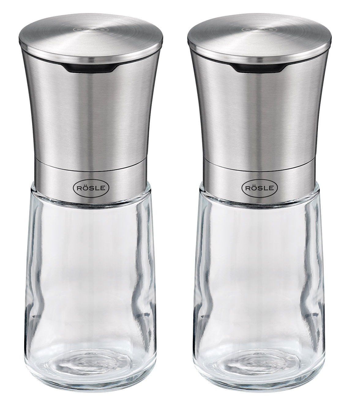 Rösle Gewürzmühlen-Set EXCLUSIV Zwei Gewürzmühlen aus Edelstahl und Glas, frontal abgebildet.