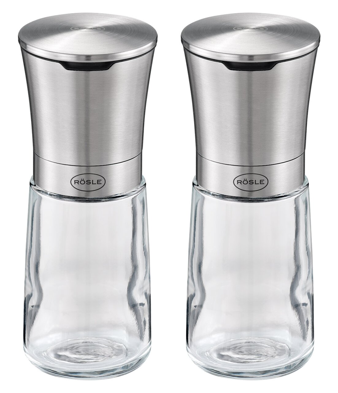 Rösle Gewürzmühlen-Set EXCLUSIV Zwei Gewürzmühlen aus Edelstahl und Glas, frontal abgebildet.