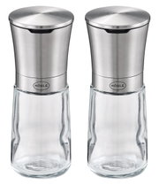 Twee kruidenmolens van roestvrij staal en glas, gezien vanaf de voorkant.