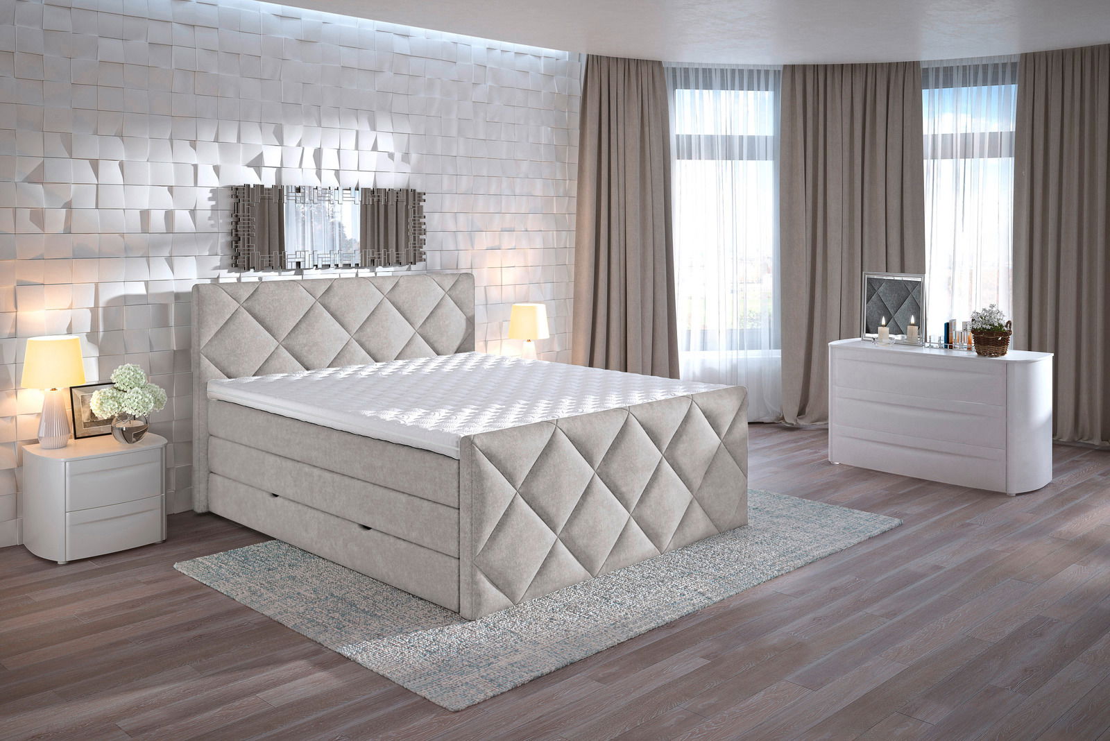 Boxspringbett in einem modernen Schlafzimmer mit seitlicher Perspektive, umgeben von stilvollen Möbeln und dekorativen Elementen.