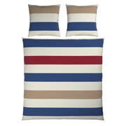 Omkeerbaar beddengoed 200 x 200 cm met horizontale strepen in blauw, rood, beige en wit, gezien van bovenaf