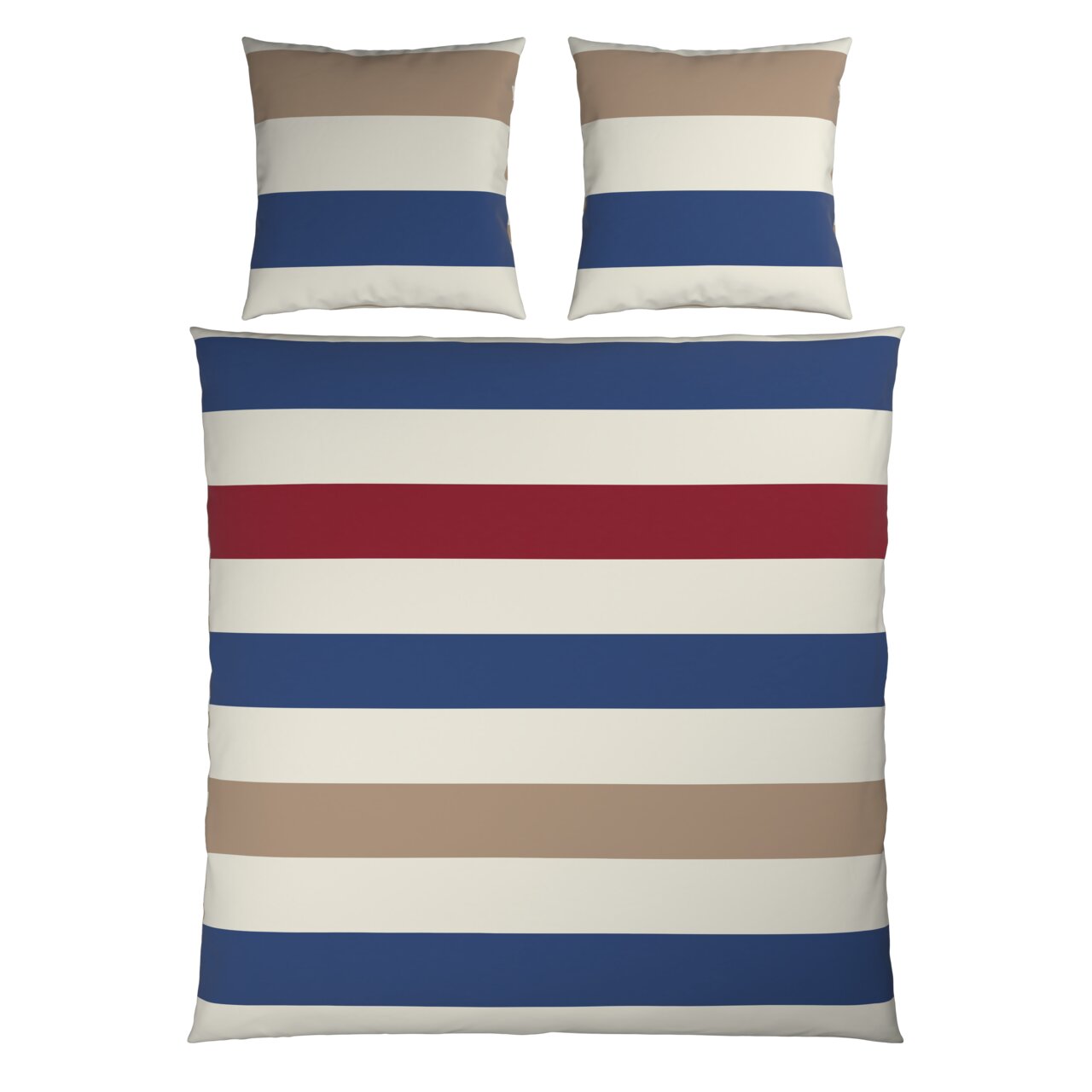 Omkeerbaar beddengoed 200 x 200 cm met horizontale strepen in blauw, rood, beige en wit, gezien van bovenaf