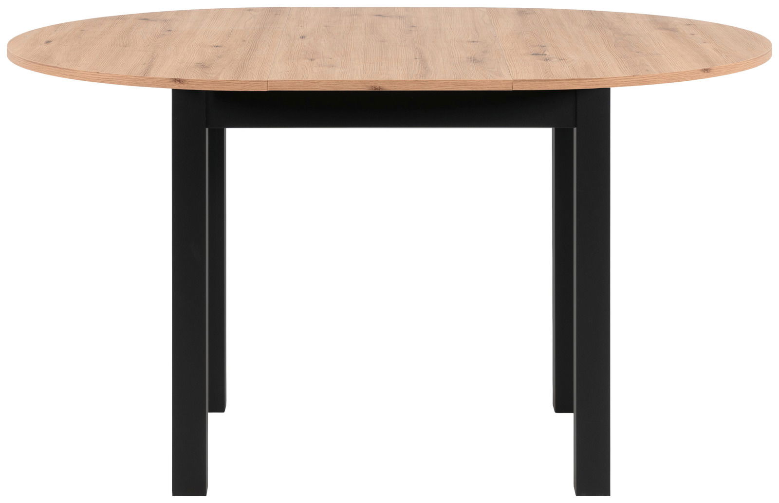 Runder Esstisch mit Holzplatte und schwarzen Metallbeinen, Frontalansicht