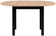 Runder Esstisch mit Holzplatte und schwarzen Metallbeinen, Frontalansicht
