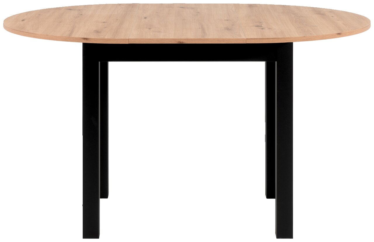 Runder Esstisch mit Holzplatte und schwarzen Metallbeinen, Frontalansicht