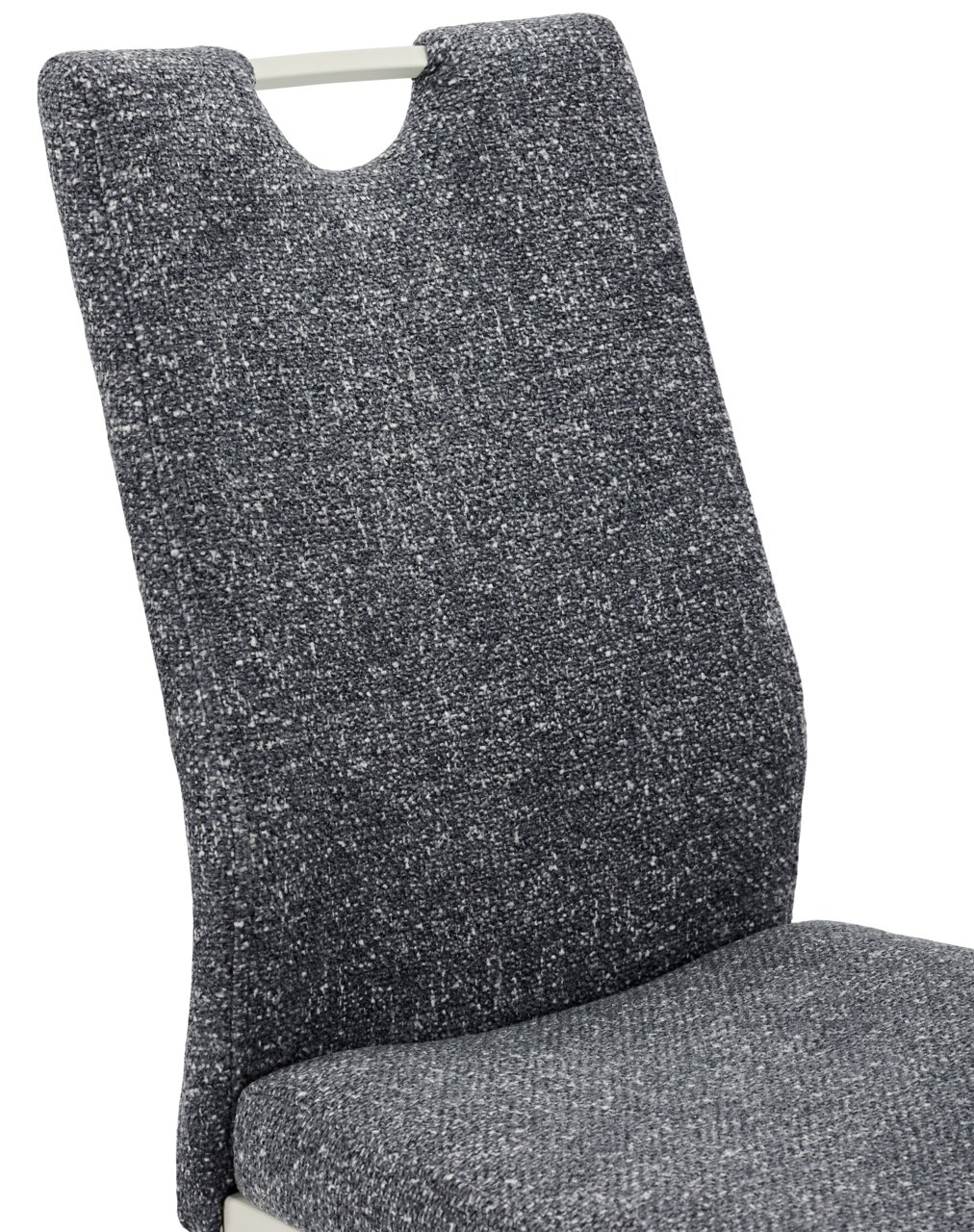 Grauer Schwingstuhl mit gepolsterter Rückenlehne und Sitzfläche, seitliche Perspektive