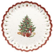 Servierschale mit weihnachtlichem Design, zeigt einen geschmückten Weihnachtsbaum mit Geschenken, von oben betrachtet.