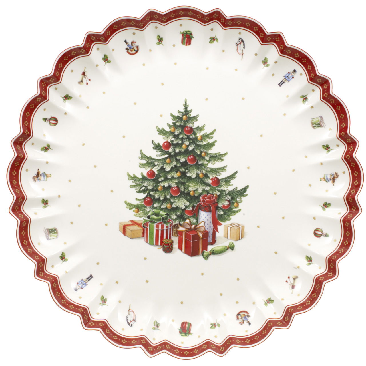 Servierschale mit weihnachtlichem Design, zeigt einen geschmückten Weihnachtsbaum mit Geschenken, von oben betrachtet.