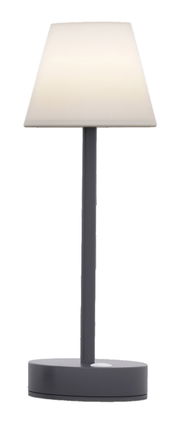 Moderne Tischleuchte Lola Slim 30 in Anthrazit, frontal abgebildet mit schlichtem Design und weißem Lampenschirm.