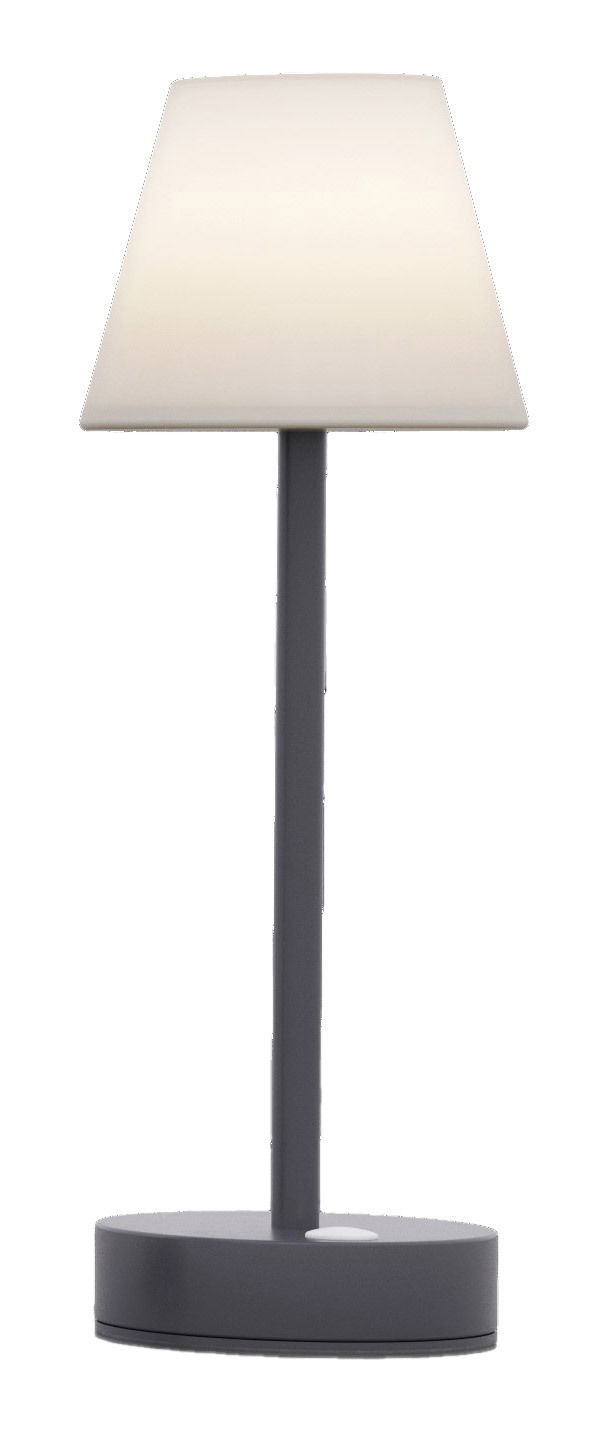 Moderne Tischleuchte Lola Slim 30 in Anthrazit, frontal abgebildet mit schlichtem Design und weißem Lampenschirm.