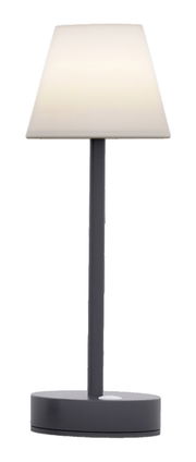 Moderne Tischleuchte Lola Slim 30 in Anthrazit, frontal abgebildet mit schlichtem Design und weißem Lampenschirm.