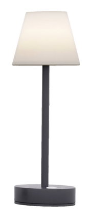 Moderne Tischleuchte Lola Slim 30 in Anthrazit, frontal abgebildet mit schlichtem Design und weißem Lampenschirm.