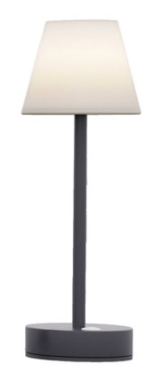 Moderne tafellamp Lola Slim 30 in antraciet, hier van voren afgebeeld, met een strak ontwerp en een witte lampenkap.