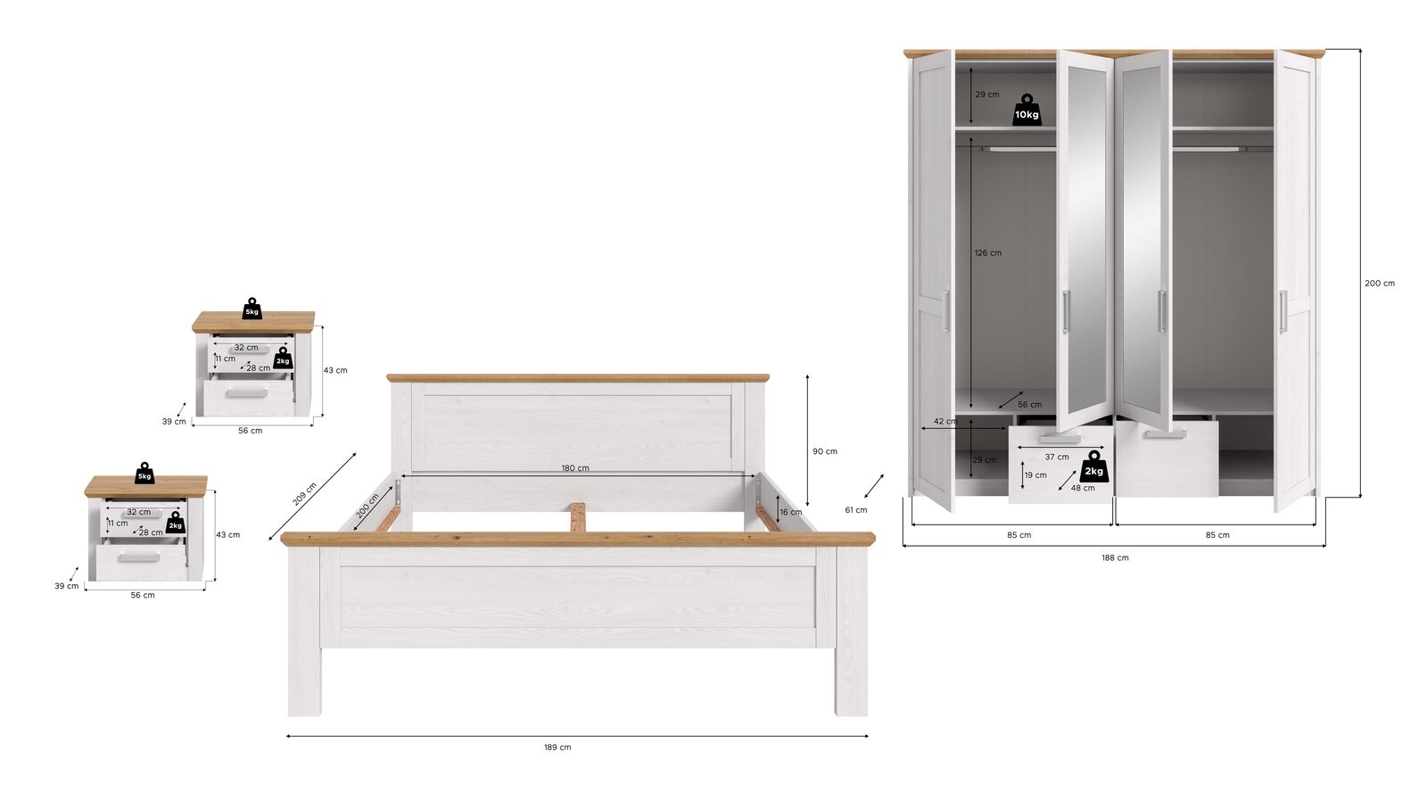 Bemaßte Produktgrafik eines Schlafzimmermöbel-Sets: weißes Bettgestell mit Holzoptik-Absetzungen und zwei Nachttische sowie dreitüriger Kleiderschrank mit Schublade, Frontansicht (Schrank teils geöffnet) auf weißem Hintergrund.
