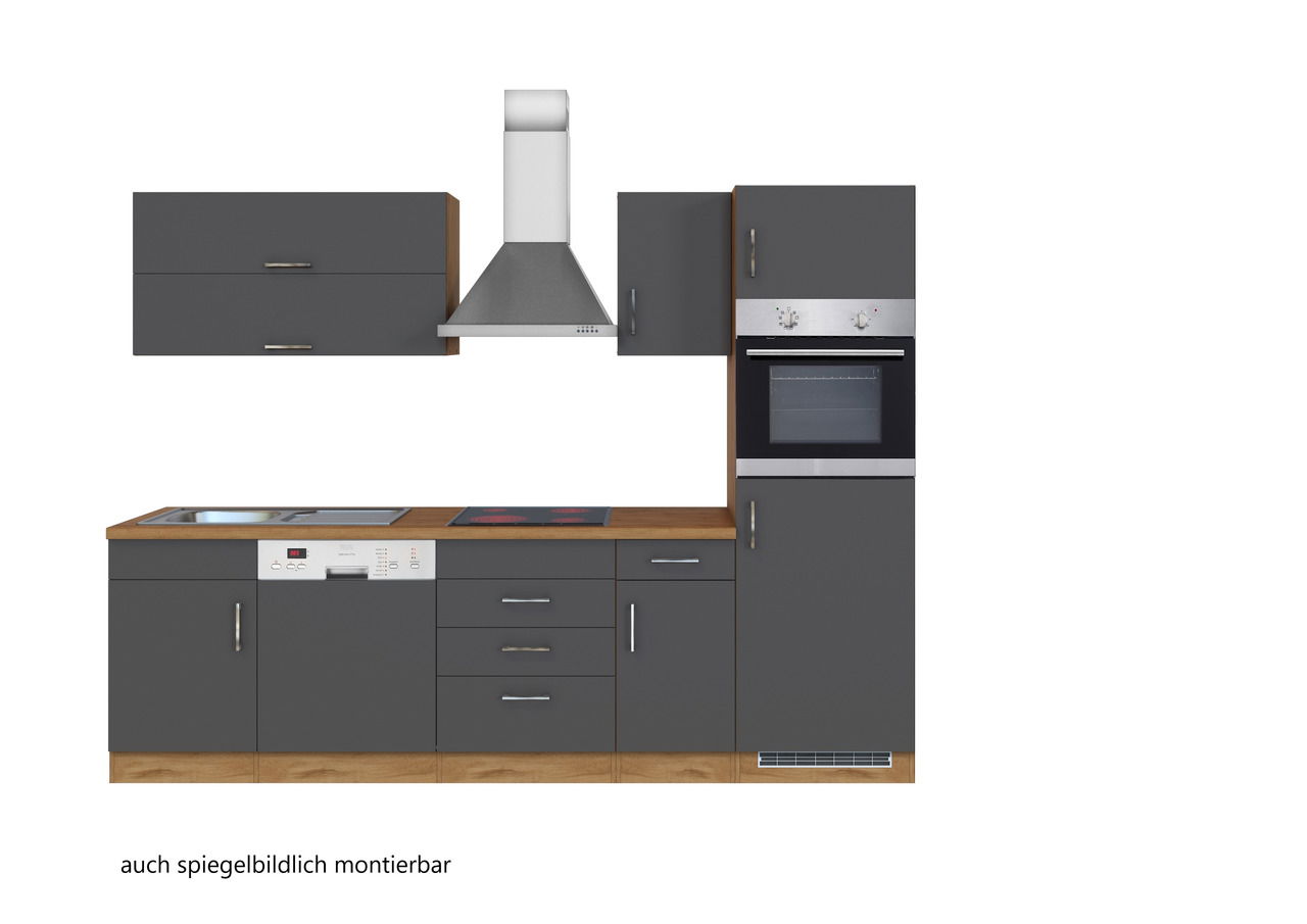 Moderne Küchenzeile in dunklem Grau mit Holzarbeitsplatte, integriertem Herd, Backofen und Dunstabzugshaube, frontale Ansicht.