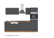 Moderne keukenblok in donkergrijs met houten werkblad, ingebouwde kookplaat, oven en afzuigkap, gezien van voren.