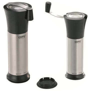 Muskatmühle MOSCATA LASER CUT aus Edelstahl mit Kurbel, seitliche und frontale Ansicht