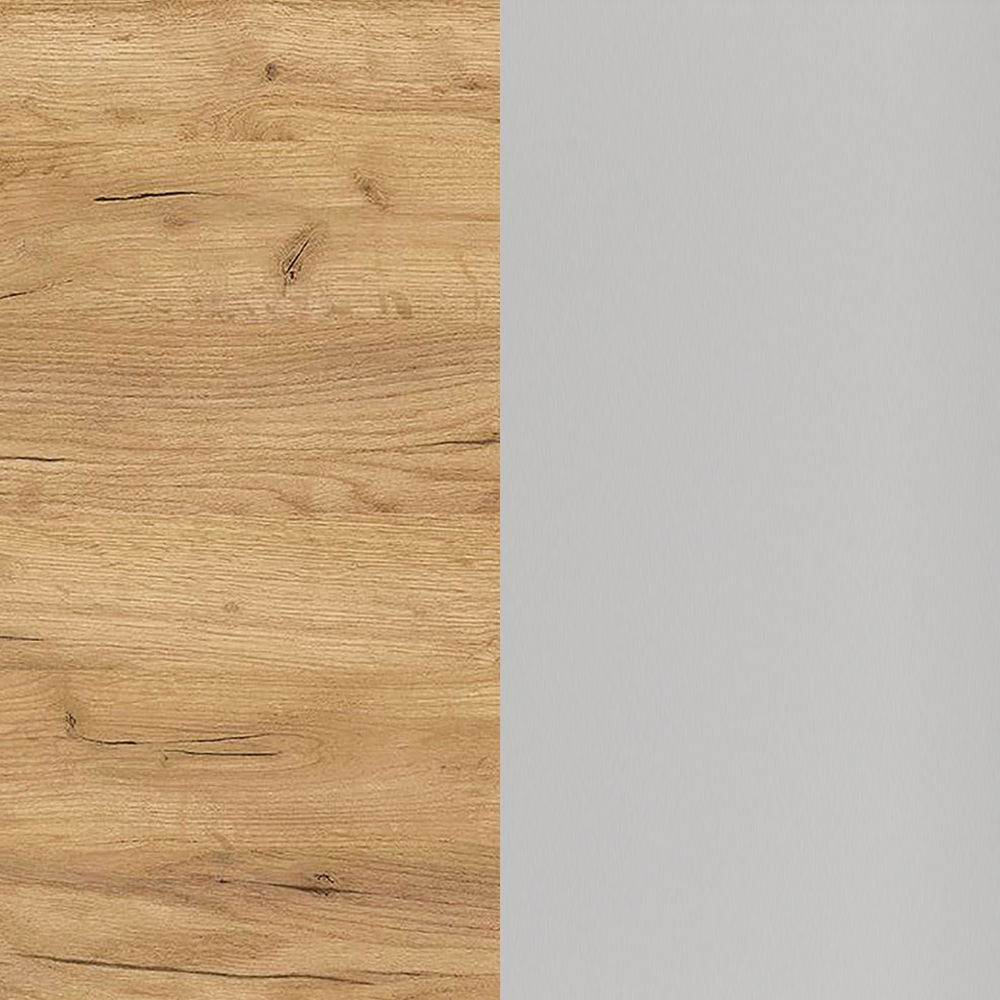 Nahaufnahme einer Tischplatte mit Holzoptik auf der linken Seite und grauer Oberfläche auf der rechten Seite.