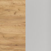 Nahaufnahme einer Tischplatte mit Holzoptik auf der linken Seite und grauer Oberfläche auf der rechten Seite.