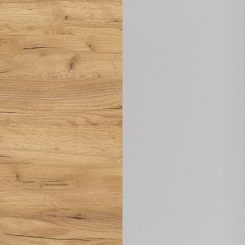 Nahaufnahme einer Tischplatte mit Holzoptik auf der linken Seite und grauer Oberfläche auf der rechten Seite.