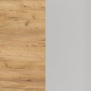 Nahaufnahme einer Tischplatte mit Holzoptik auf der linken Seite und grauer Oberfläche auf der rechten Seite.