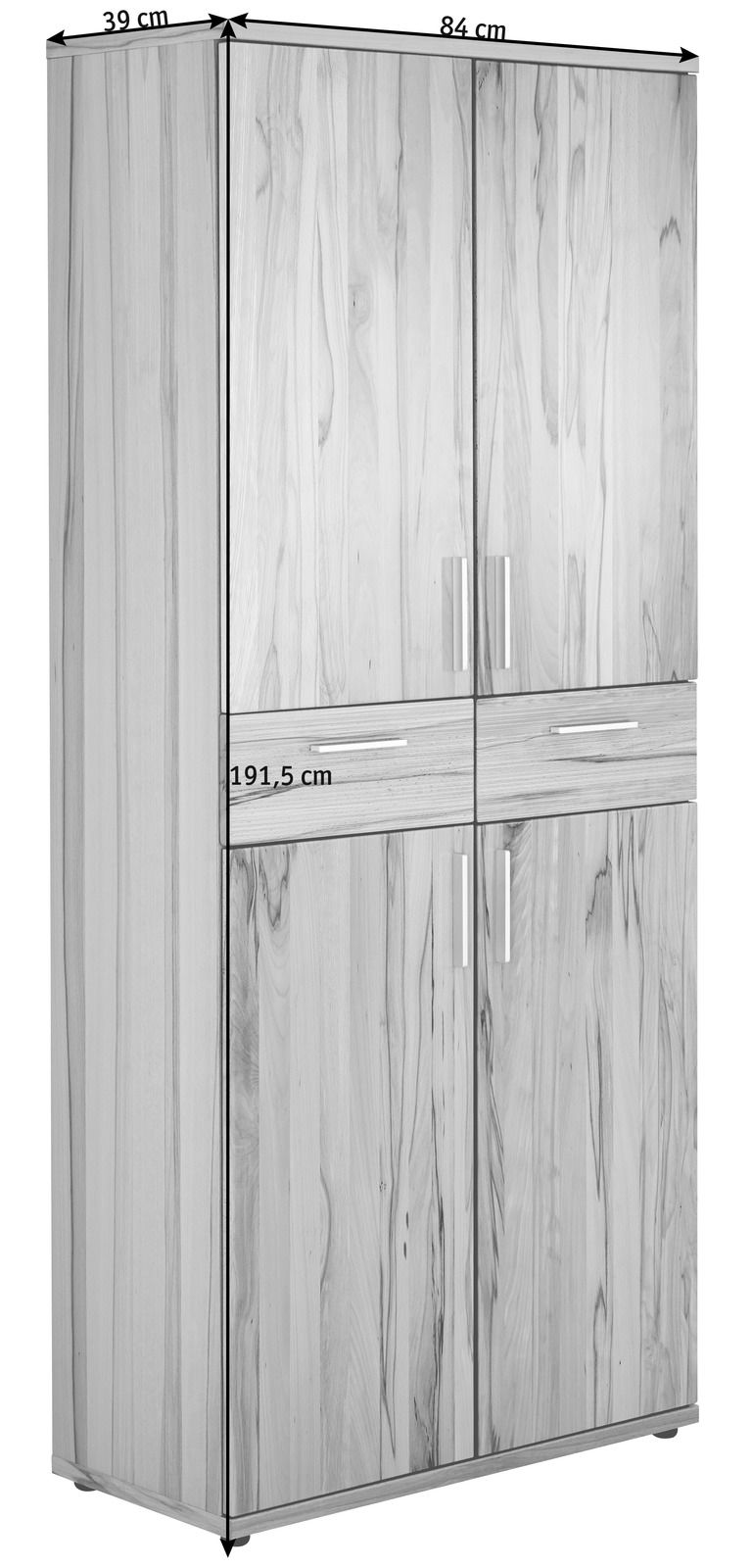 Schuhschrank aus Holz mit zwei Türen, Frontansicht, Maße: 191,5 cm hoch, 84 cm breit, 39 cm tief
