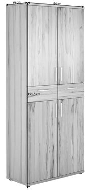 Houten schoenenkast met twee deuren, vooraanzicht, afmetingen: 191,5 cm hoog, 84 cm breed, 39 cm diep