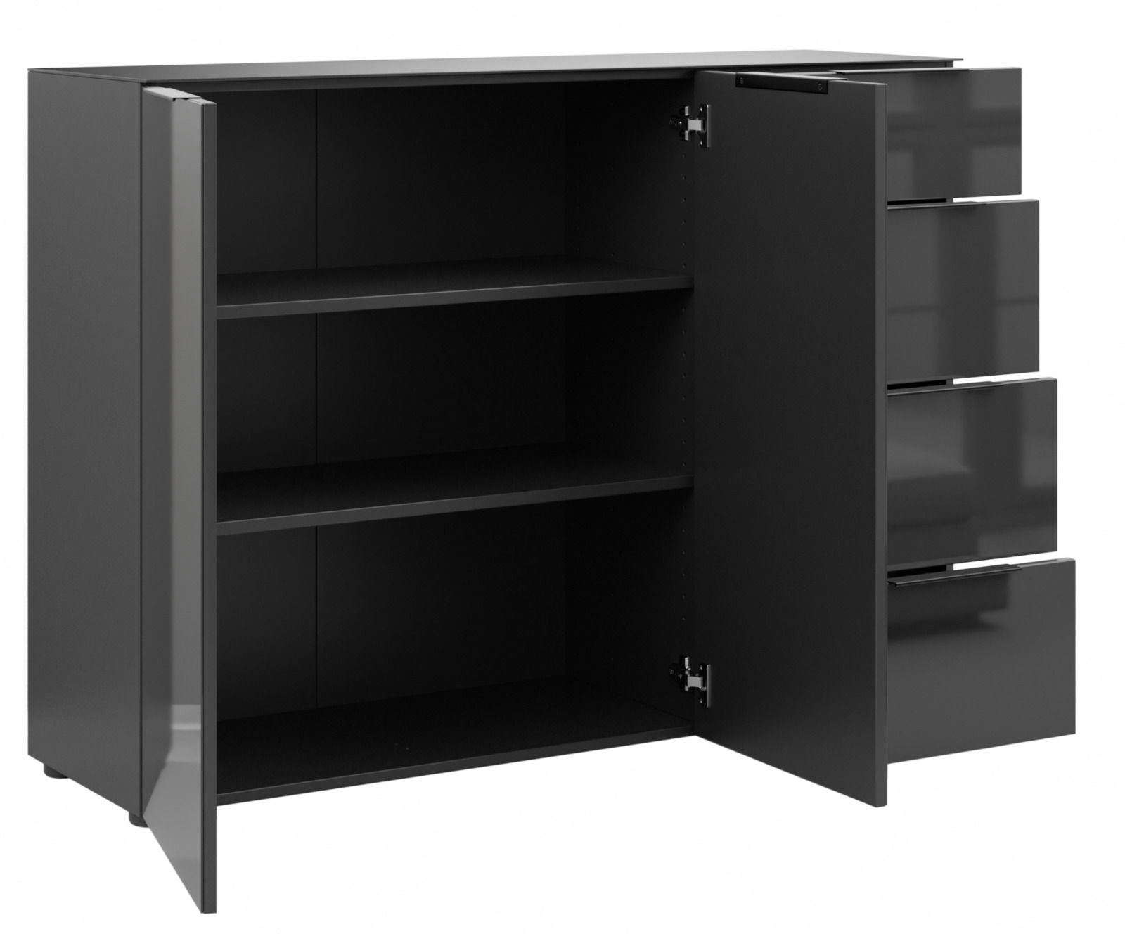 Schwarzes Sideboard mit offenen Türen und Schubladen, seitliche Perspektive