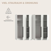 Offener weißer Kleiderschrank mit mehreren Türen, Kleiderstangen und Regalfächern, dargestellt in frontaler Perspektive; Text: „Viel Stauraum & Ordnung“, Icons für viel Stauraum und Kippschutzsicherung.