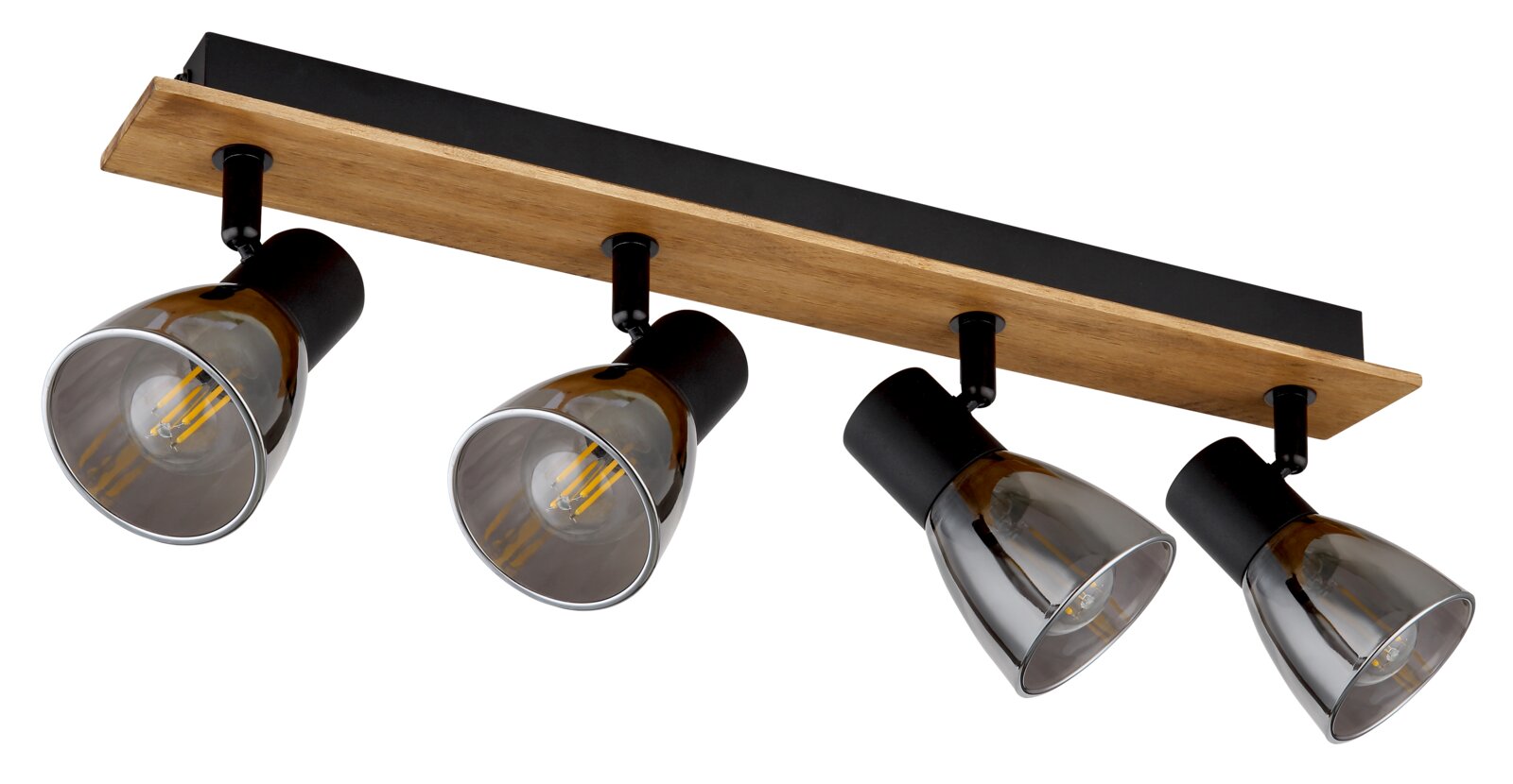 Deckenstrahler mit vier verstellbaren Leuchten auf einer Holz- und Metallhalterung, seitliche Perspektive