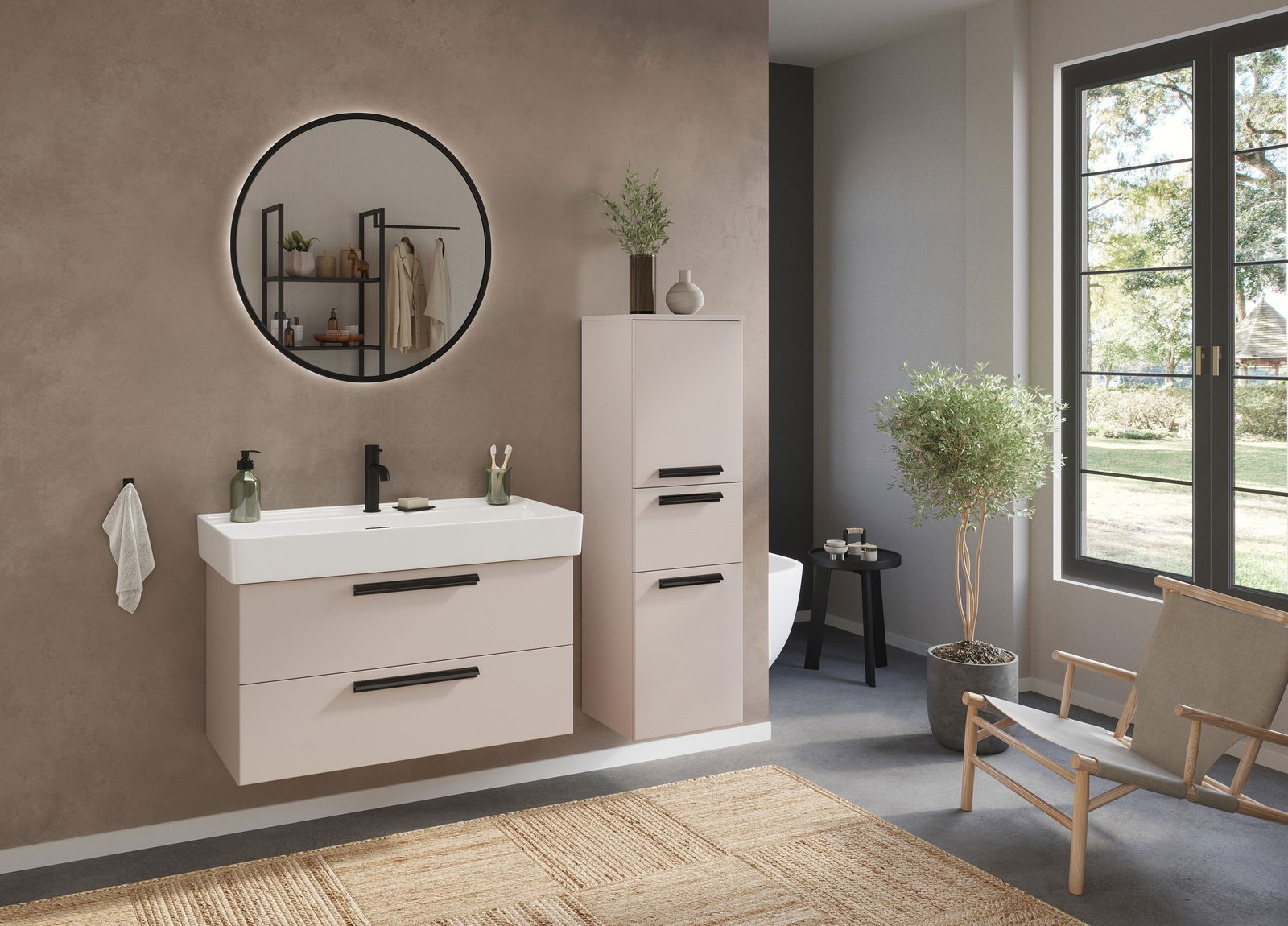Modernes Waschtisch-Set in einem stilvollen Badezimmer mit runder Spiegelansicht, eleganten Schränken und natürlichem Lichteinfall.