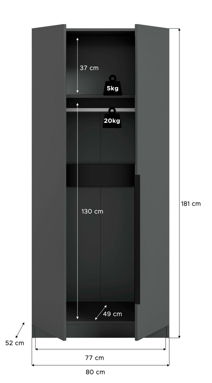 Offener, dunkelgrauer Kleiderschrank mit zwei Türen in Frontalansicht; Maße 181 cm hoch, 80 cm breit, 52 cm tief, Innenmaße 130 cm und 37 cm, Fachbreite 49 cm, Belastbarkeit 5 kg/20 kg.