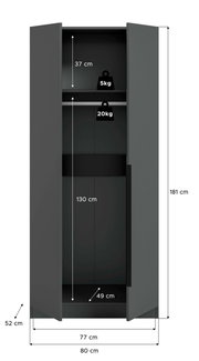 Offener, dunkelgrauer Kleiderschrank mit zwei Türen in Frontalansicht; Maße 181 cm hoch, 80 cm breit, 52 cm tief, Innenmaße 130 cm und 37 cm, Fachbreite 49 cm, Belastbarkeit 5 kg/20 kg.