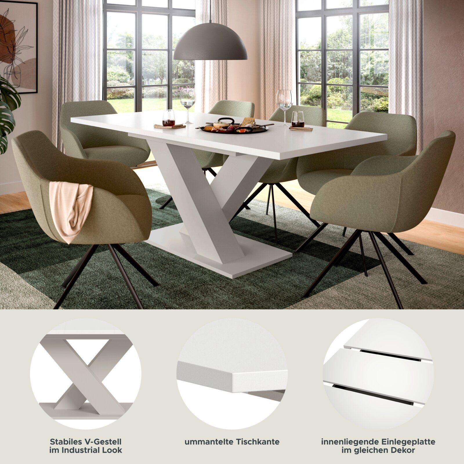 Moderner weißer Esstisch mit stabilen V-förmigen Tischgestell im Industrial-Look und ummantelter Tischkante, im Esszimmer mit grünen Polsterstühlen; Ansicht schräg von vorne.