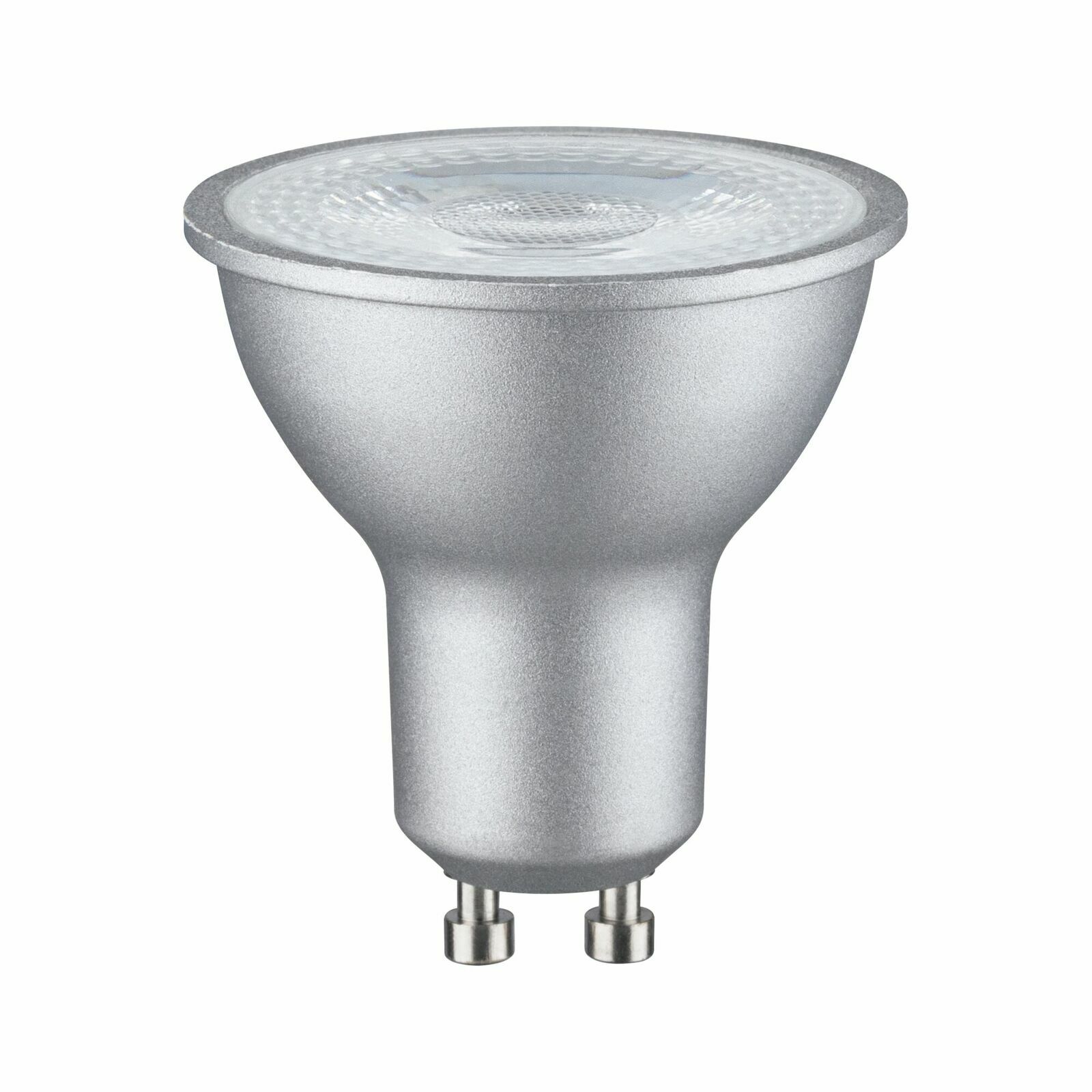 Silbernes LED-Leuchtmittel mit GU10-Sockel, seitliche Perspektive