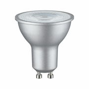 Silbernes LED-Leuchtmittel mit GU10-Sockel, seitliche Perspektive