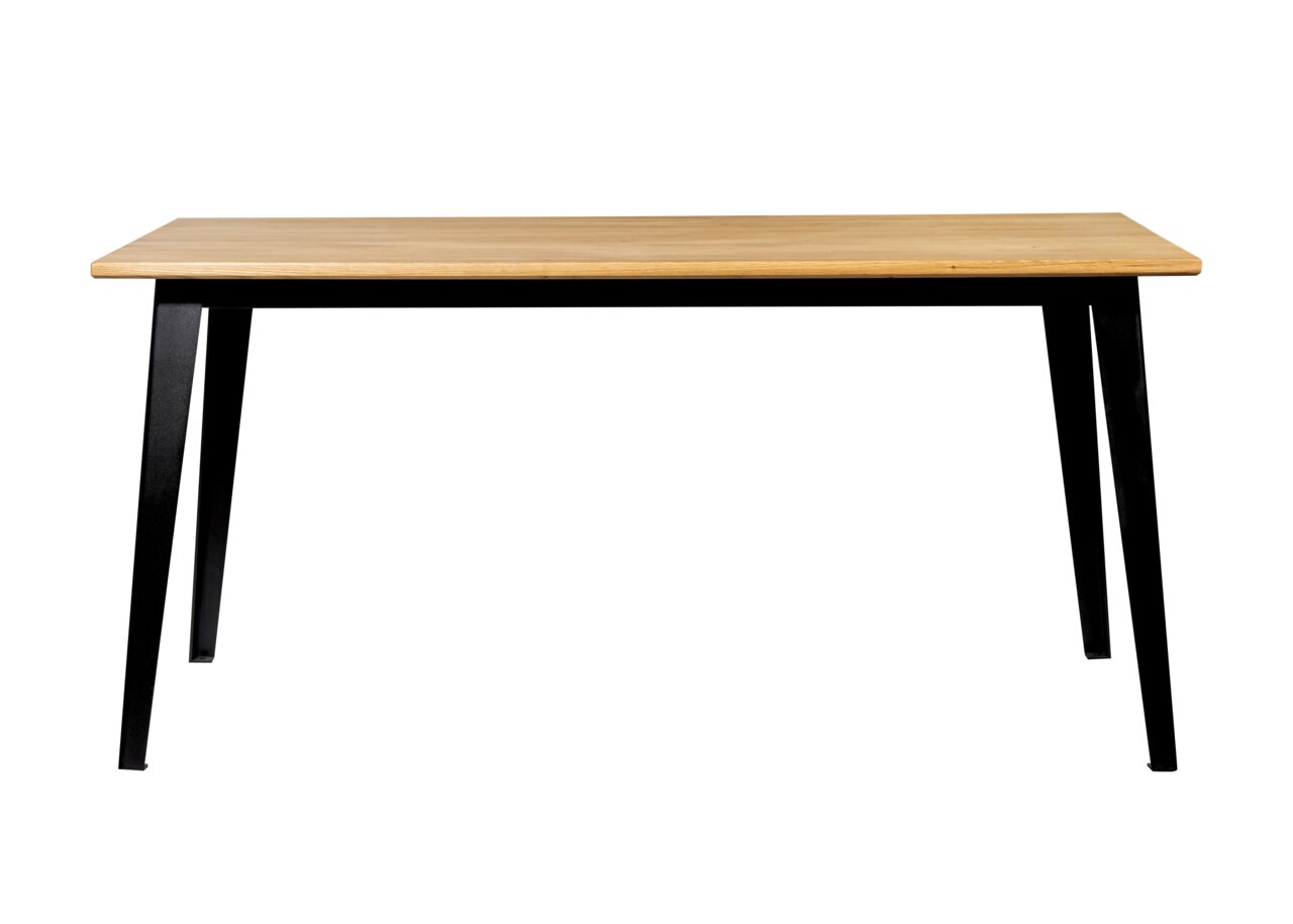 Moderner Esstisch mit Holzplatte und schwarzen Metallbeinen, Frontalansicht