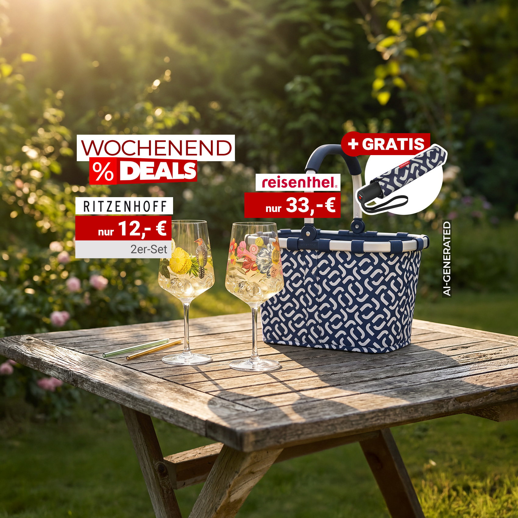 KI-generiert: Wochenend-Deals mit Ritzenhoff-Gläsern und reisenthel Einkaufskorb samt Gratis-Schirm im Garten.