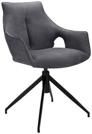 Moderner grauer Sessel mit schwarzem Metallgestell, seitliche Perspektive