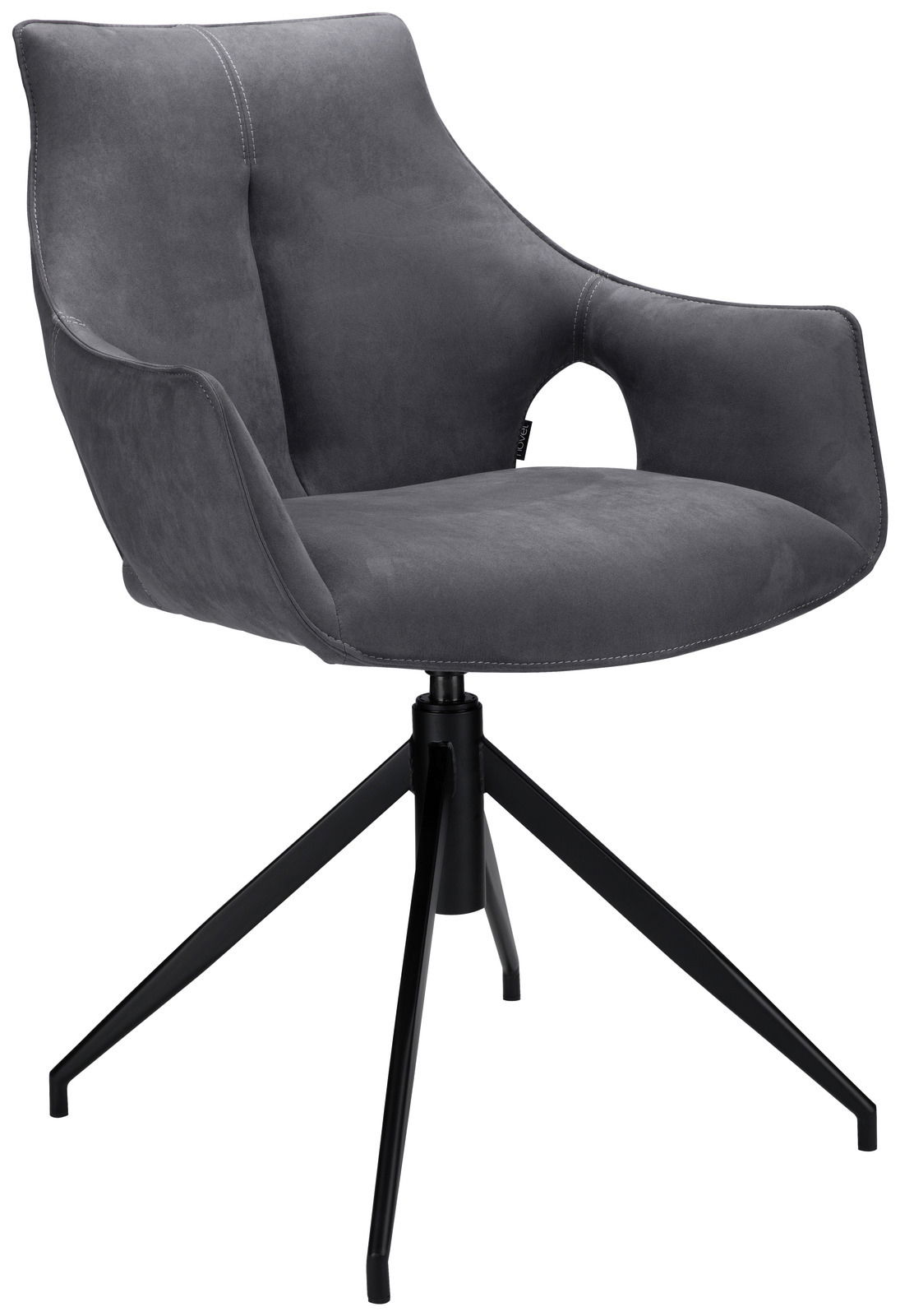 Moderner grauer Sessel mit schwarzem Metallgestell, seitliche Perspektive