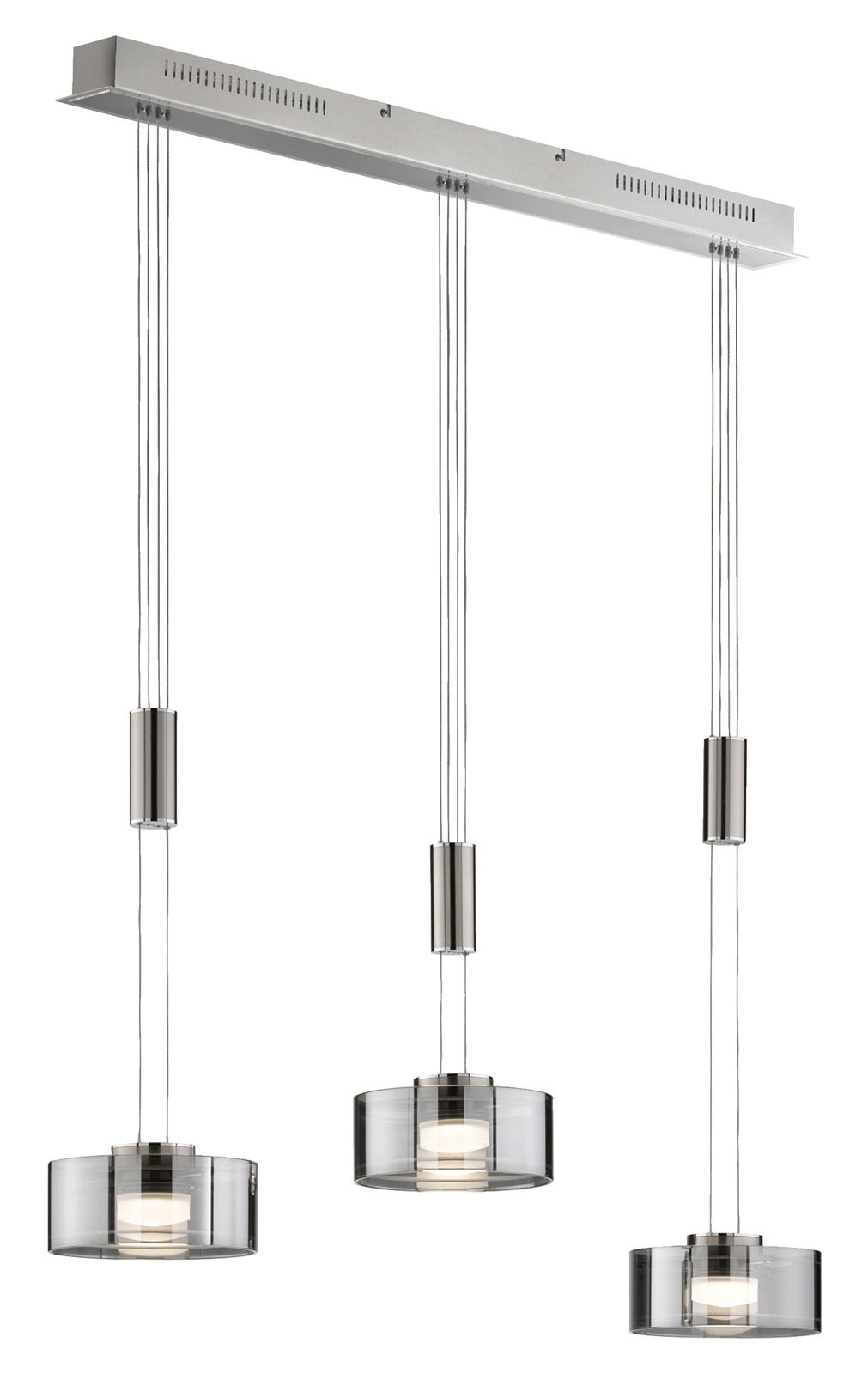 Fischer & Honsel Pendelleuchte LAVIN Moderne Pendelleuchte Lavin mit drei zylindrischen Lampenschirmen aus Glas, aufgehängt an einem rechteckigen Deckenbalken. Seitenansicht.