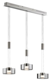 Moderne Pendelleuchte Lavin mit drei zylindrischen Lampenschirmen aus Glas, aufgehängt an einem rechteckigen Deckenbalken. Seitenansicht.