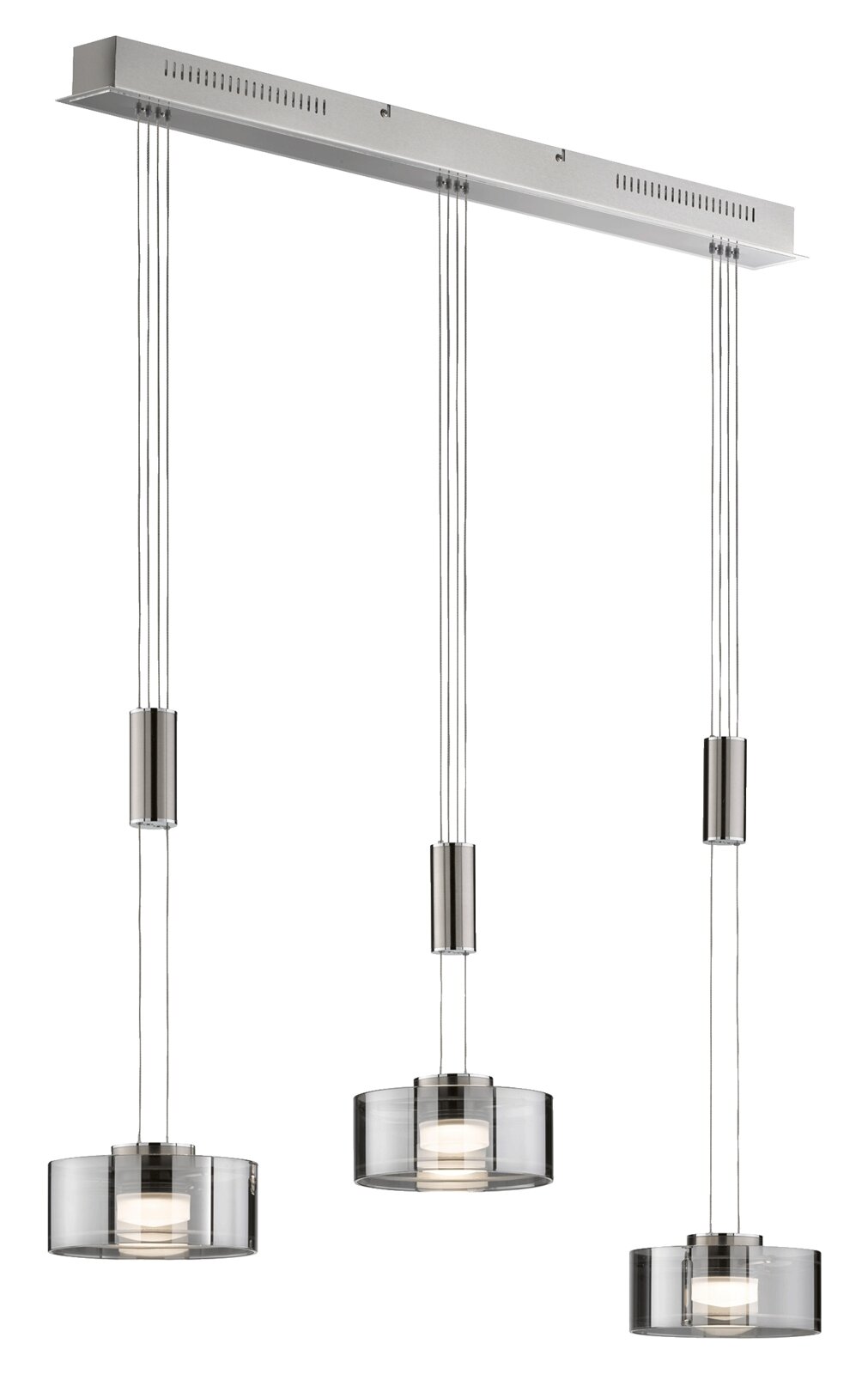 Moderne Pendelleuchte Lavin mit drei zylindrischen Lampenschirmen aus Glas, aufgehängt an einem rechteckigen Deckenbalken. Seitenansicht.