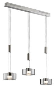 Moderne Pendelleuchte Lavin mit drei zylindrischen Lampenschirmen aus Glas, aufgehängt an einem rechteckigen Deckenbalken. Seitenansicht.